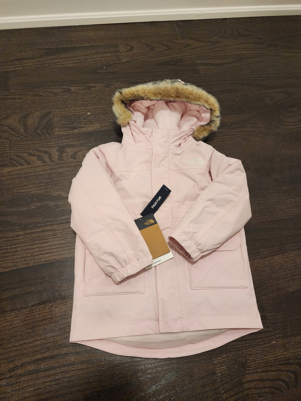 The North Face Girls Pale Pink Faux-Fur Trim Hooded Puffer Coat